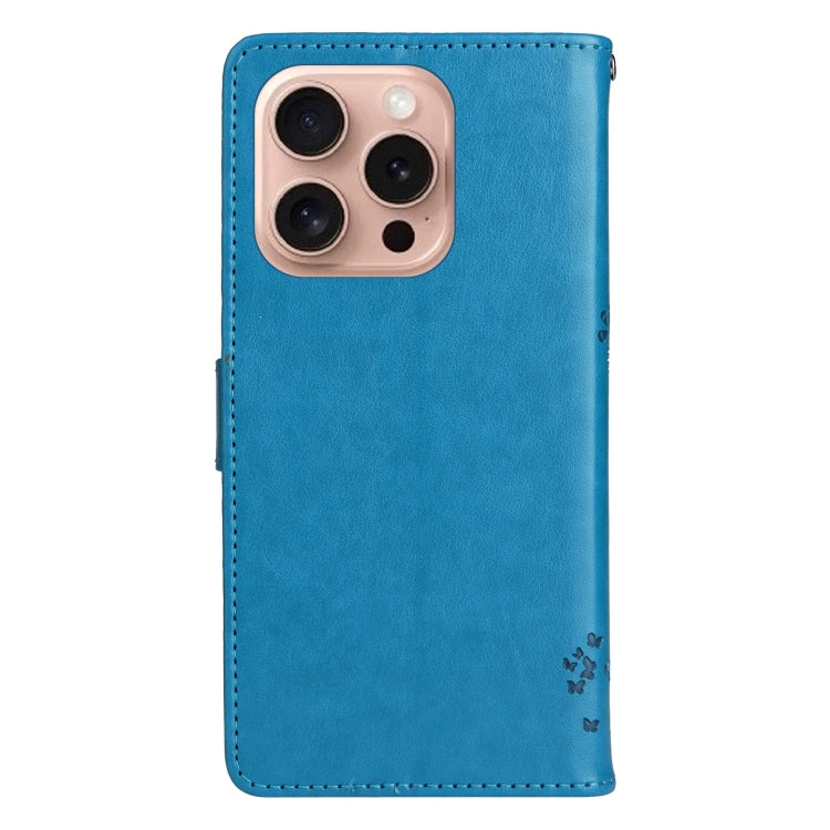 For iPhone 16 Pro Tree & Cat Embossed Pattern Flip Leather Phone Case(Blue)