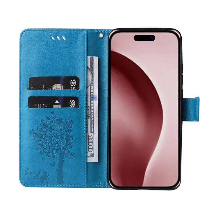 For iPhone 16 Pro Tree & Cat Embossed Pattern Flip Leather Phone Case(Blue)