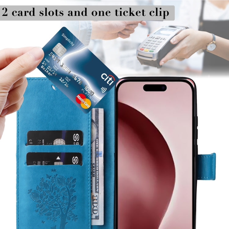 For iPhone 16 Pro Tree & Cat Embossed Pattern Flip Leather Phone Case(Blue)