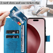 For iPhone 16 Pro Tree & Cat Embossed Pattern Flip Leather Phone Case(Blue)