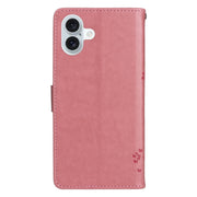 For iPhone 16 Plus Tree & Cat Embossed Pattern Flip Leather Phone Case(Pink)
