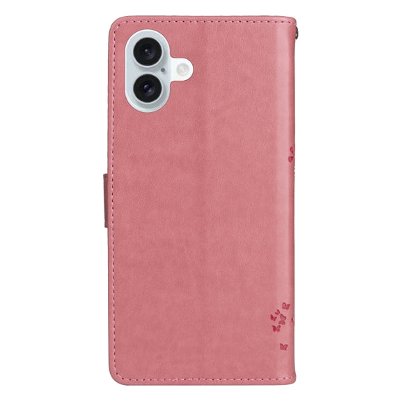 For iPhone 16 Plus Tree & Cat Embossed Pattern Flip Leather Phone Case(Pink)