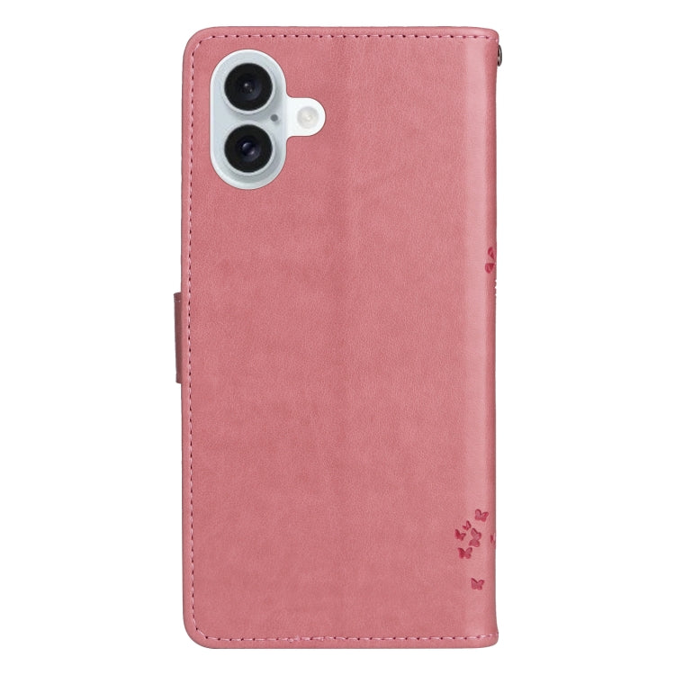 For iPhone 16 Plus Tree & Cat Embossed Pattern Flip Leather Phone Case(Pink)