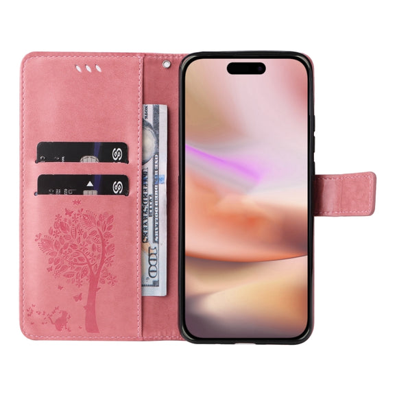 For iPhone 16 Plus Tree & Cat Embossed Pattern Flip Leather Phone Case(Pink)
