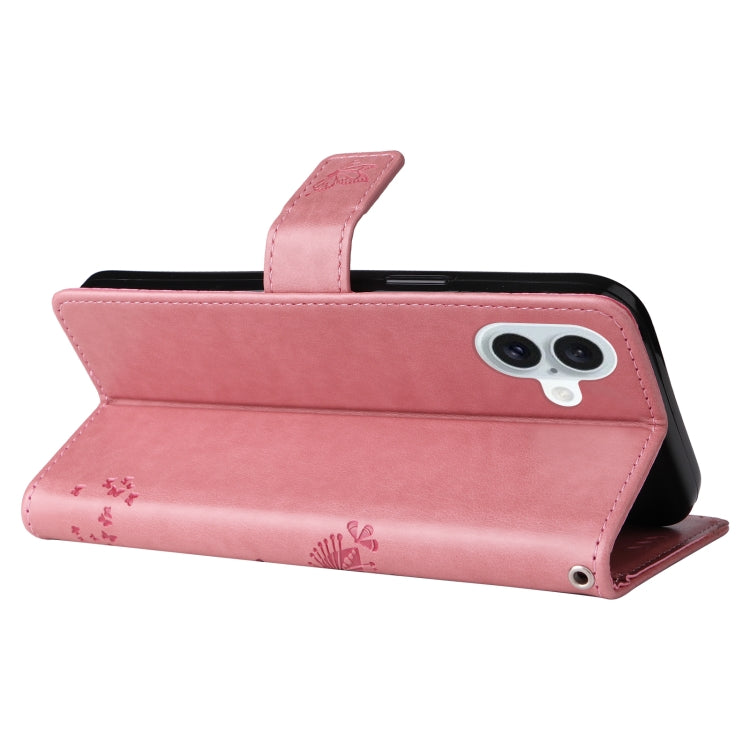 For iPhone 16 Plus Tree & Cat Embossed Pattern Flip Leather Phone Case(Pink)