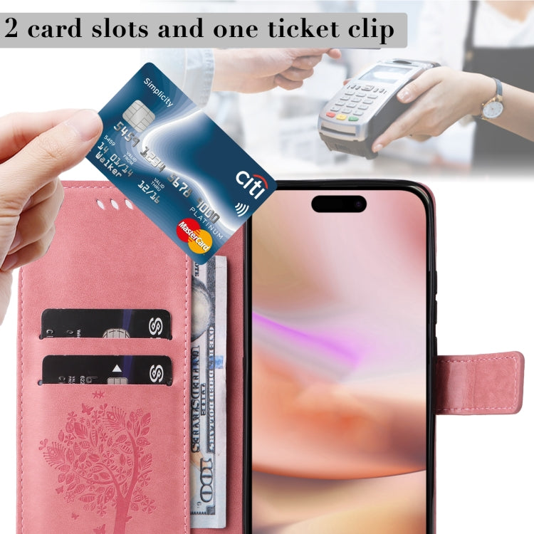 For iPhone 16 Plus Tree & Cat Embossed Pattern Flip Leather Phone Case(Pink)