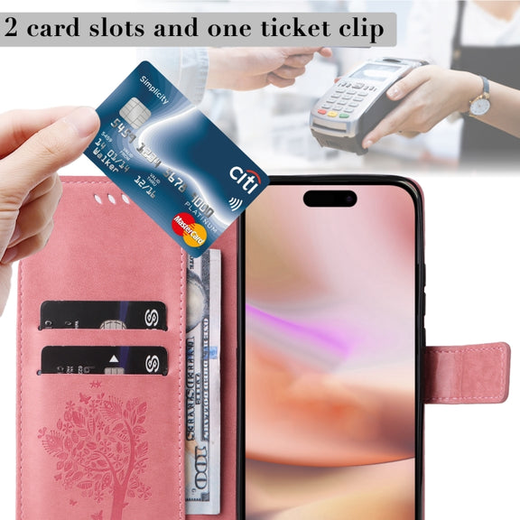 For iPhone 16 Plus Tree & Cat Embossed Pattern Flip Leather Phone Case(Pink)