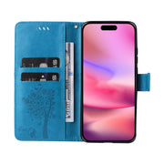 For iPhone 16 Tree & Cat Embossed Pattern Flip Leather Phone Case(Blue)