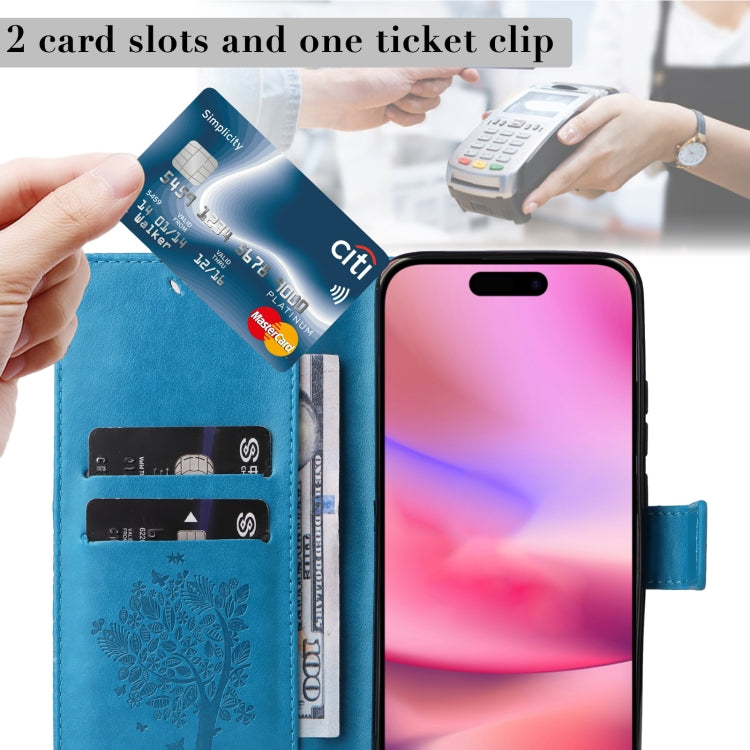 For iPhone 16 Tree & Cat Embossed Pattern Flip Leather Phone Case(Blue)