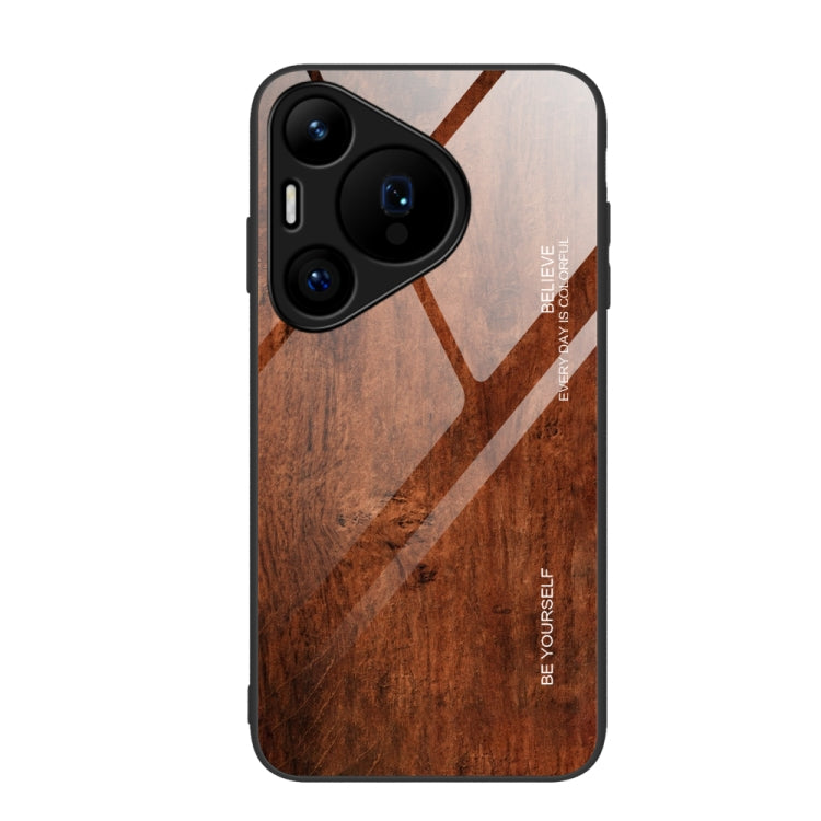 For Huawei Pura 70 Wood Grain Glass Phone Case(Dark Brown)