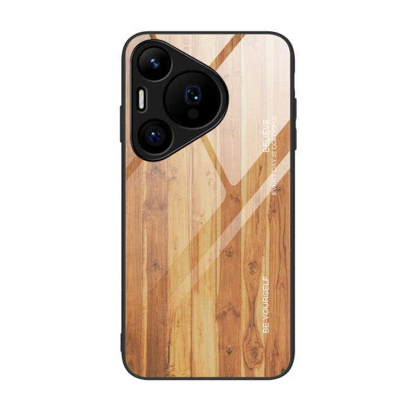 For Huawei Pura 70 Wood Grain Glass Phone Case(Yellow)