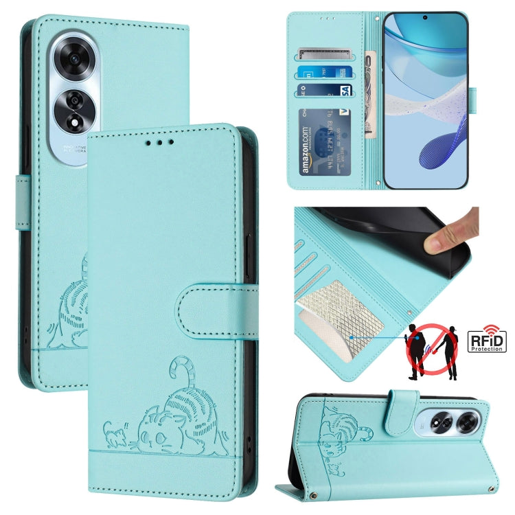 For OPPO A60 4G Global Cat Rat Embossed Pattern RFID Leather Phone Case with Lanyard(Mint Green)
