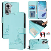 For OPPO Reno11 5G Global Cat Rat Embossed Pattern RFID Leather Phone Case with Lanyard(Mint Green)