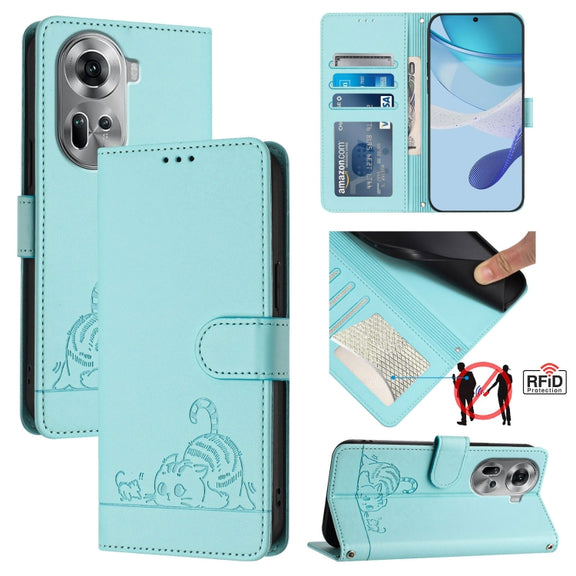 For OPPO Reno11 5G Global Cat Rat Embossed Pattern RFID Leather Phone Case with Lanyard(Mint Green)