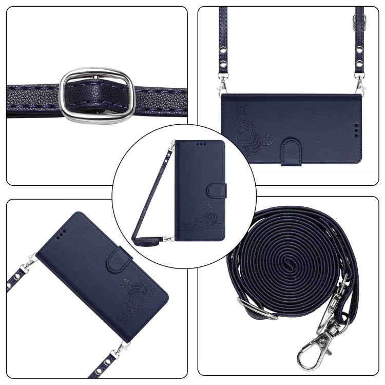 For OPPO Reno11 Pro 5G Global Cat Rat Embossed Pattern RFID Leather Phone Case with Lanyard(Blue)