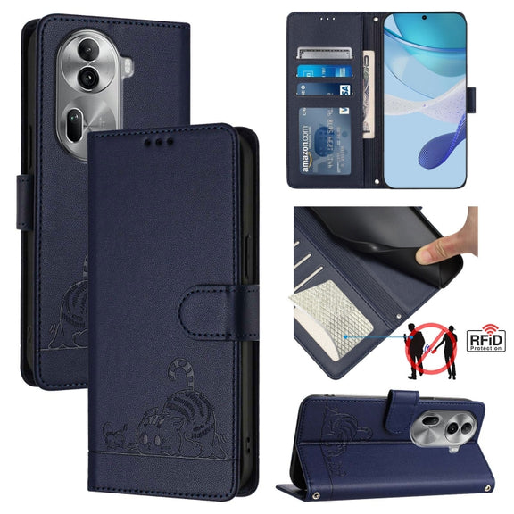 For OPPO Reno11 Pro 5G Global Cat Rat Embossed Pattern RFID Leather Phone Case with Lanyard(Blue)