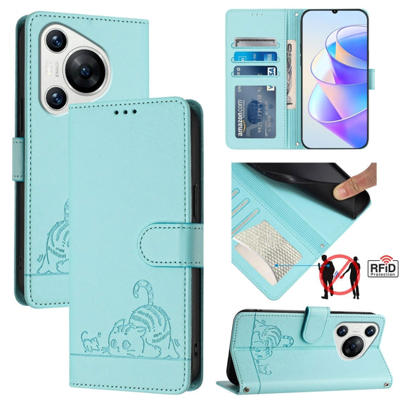 For Huawei Pura 70 Cat Rat Embossed Pattern RFID Leather Phone Case with Lanyard(Mint Green)