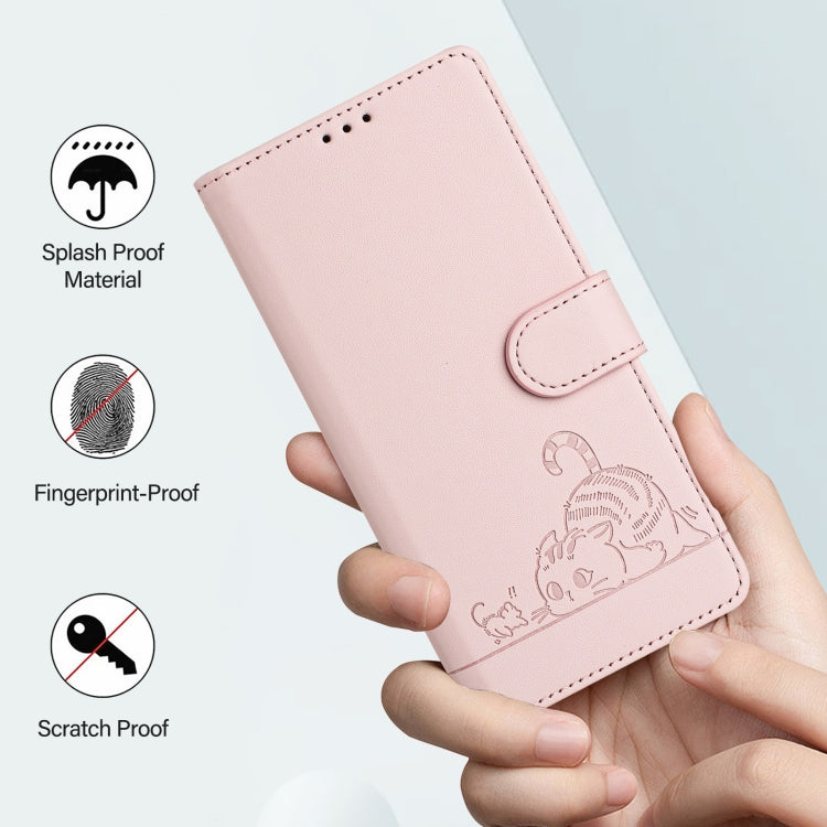 For Huawei Pura 70 Cat Rat Embossed Pattern RFID Leather Phone Case with Lanyard(Pink)