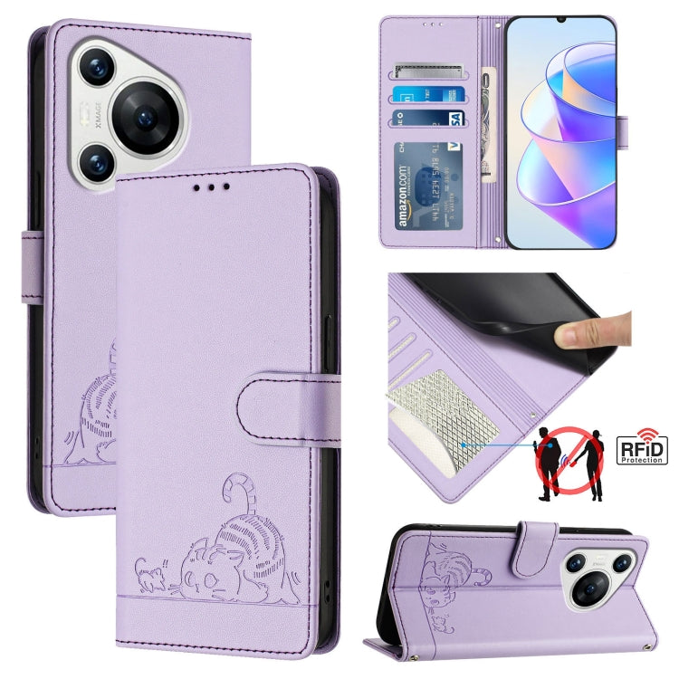 For Huawei Pura 70 Cat Rat Embossed Pattern RFID Leather Phone Case with Lanyard(Purple)