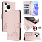 For Huawei Pura 70 Pro Cat Rat Embossed Pattern RFID Leather Phone Case with Lanyard(Pink)