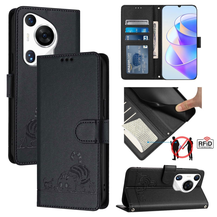 For Huawei Pura 70 Pro Cat Rat Embossed Pattern RFID Leather Phone Case with Lanyard(Black)