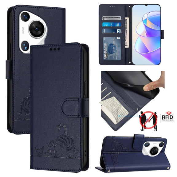 For Huawei Pura 70 Pro Cat Rat Embossed Pattern RFID Leather Phone Case with Lanyard(Blue)