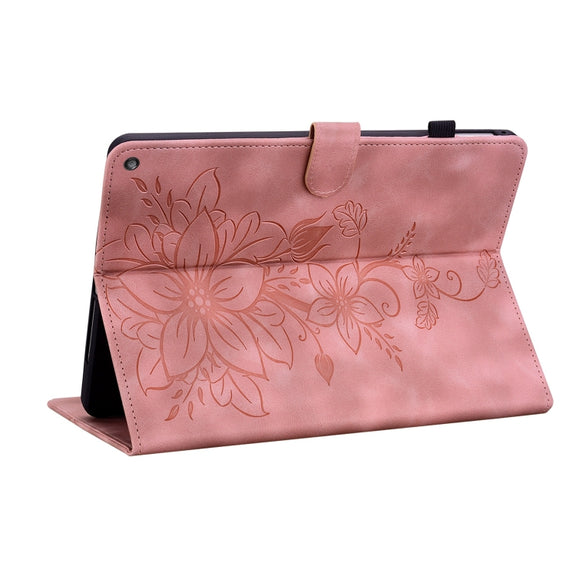For Amazon Fire HD10 2019/2017 Lily Embossed Leather Smart Tablet Case(Pink)