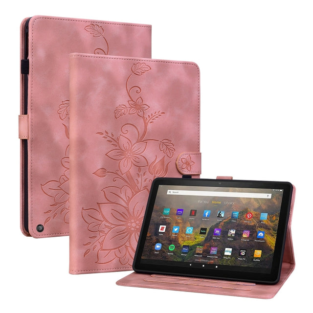 For Amazon Fire HD10 / HD10 Plus 2021 Lily Embossed Leather Smart Tablet Case(Pink)
