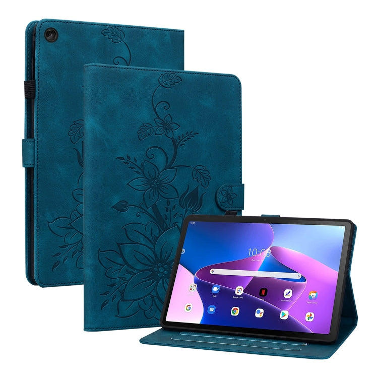For Lenovo Tab M10 Plus 10.6 3rd Gen Lily Embossed Leather Tablet Case(Dark Blue)