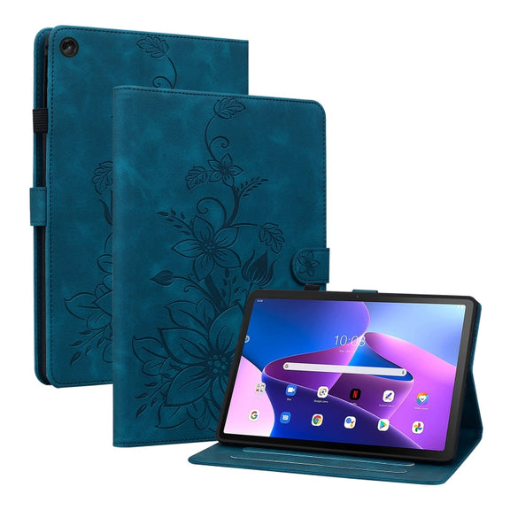 For Lenovo Tab M10 Plus 10.6 3rd Gen Lily Embossed Leather Tablet Case(Dark Blue)