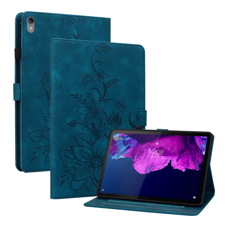 For Lenovo Tab P11 /Xiaoxin Pad Plus Lily Embossed Leather Tablet Case(Dark Blue)