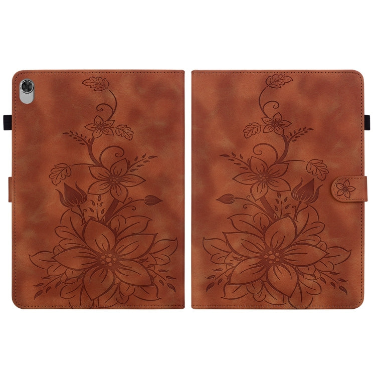For Lenovo M10 Plus 10.3 Lily Embossed Leather Tablet Case(Brown)