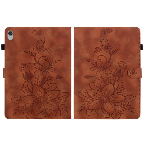 For Lenovo M10 Plus 10.3 Lily Embossed Leather Tablet Case(Brown)