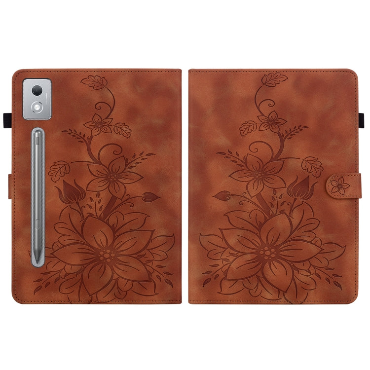 For Lenovo Tab P12 12.7 2025 Lily Embossed Leather Tablet Case(Brown)