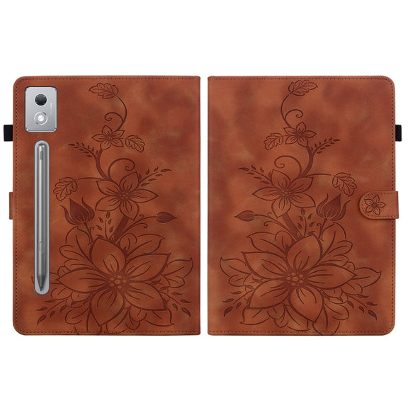 For Lenovo Tab P12 12.7 2025 Lily Embossed Leather Tablet Case(Brown)