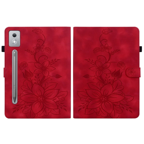 For Lenovo Tab P12 12.7 2025 Lily Embossed Leather Tablet Case(Red)