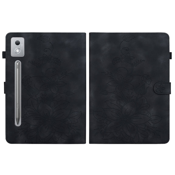 For Lenovo Tab P12 12.7 2025 Lily Embossed Leather Tablet Case(Black)
