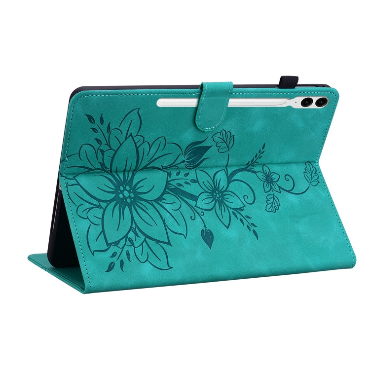 For Samsung Galaxy Tab S9+ / S9 FE+ Lily Embossed Leather Tablet Case(Green)