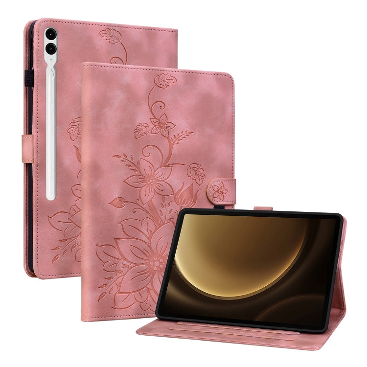 For Samsung Galaxy Tab S9+ / S9 FE+ Lily Embossed Leather Tablet Case(Pink)