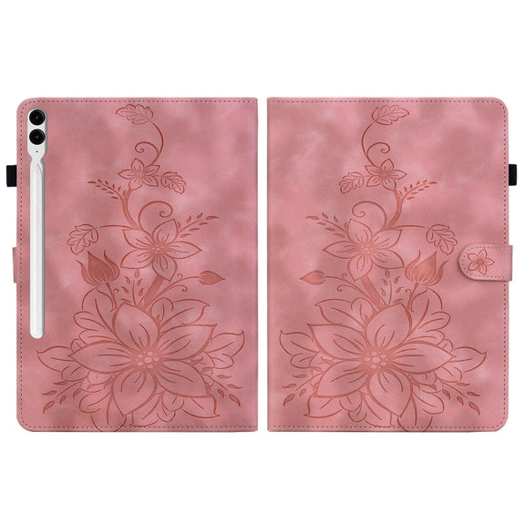 For Samsung Galaxy Tab S9+ / S9 FE+ Lily Embossed Leather Tablet Case(Pink)