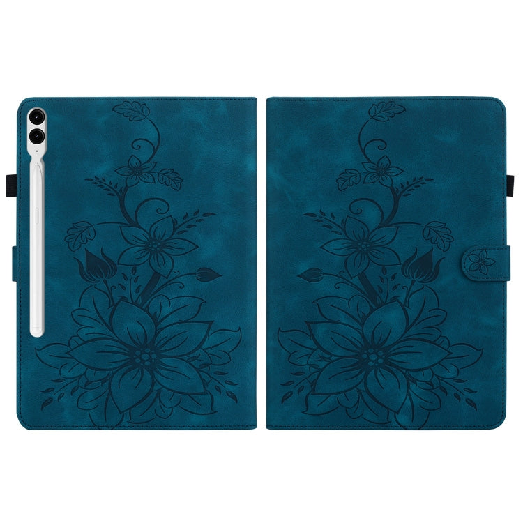 For Samsung Galaxy Tab S9+ / S9 FE+ Lily Embossed Leather Tablet Case(Dark Blue)