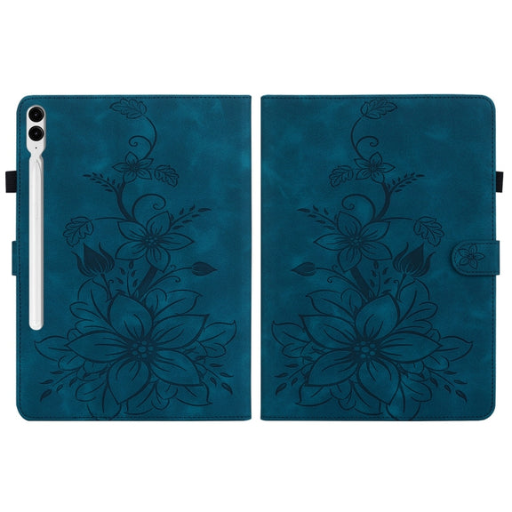 For Samsung Galaxy Tab S9+ / S9 FE+ Lily Embossed Leather Tablet Case(Dark Blue)