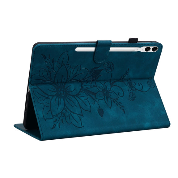 For Samsung Galaxy Tab S9+ / S9 FE+ Lily Embossed Leather Tablet Case(Dark Blue)