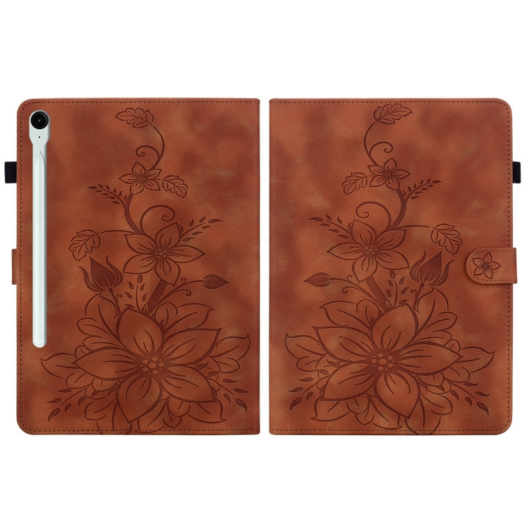 For Samsung Galaxy Tab S9 / S9 FE Lily Embossed Leather Tablet Case(Brown)