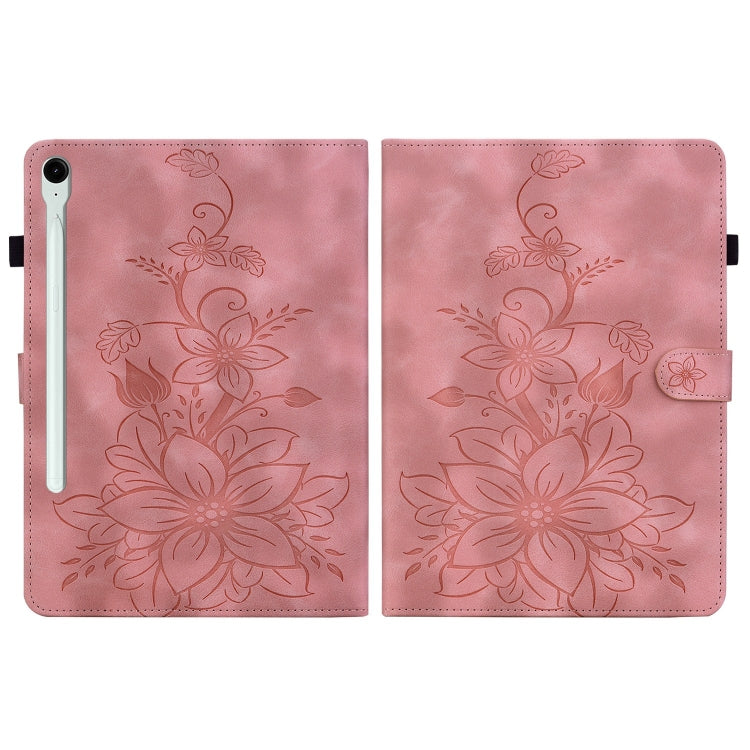 For Samsung Galaxy Tab S9 / S9 FE Lily Embossed Leather Tablet Case(Pink)