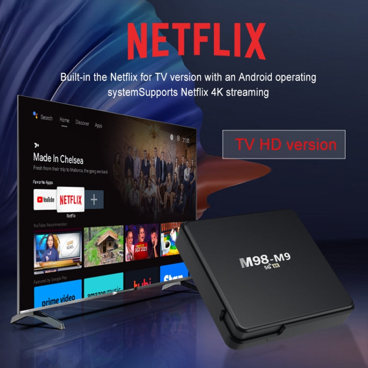 M98-M9 Quad-core ARM Cortex-A53 WiFi Bluetooth 4K HD Android TV Box, RAM:2GB+8GB(EU Plug)