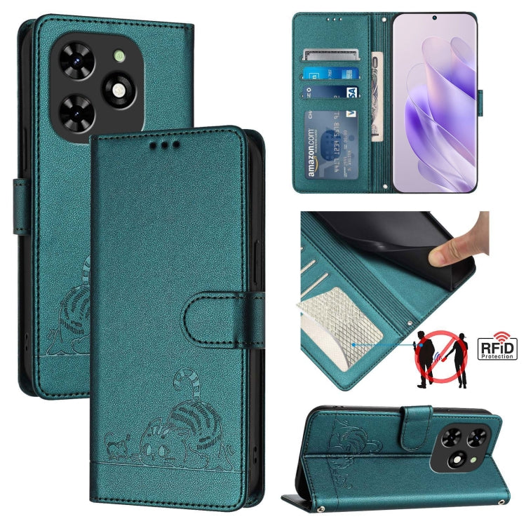 For Tecno Spark GO 2024 Cat Rat Embossed Pattern RFID Leather Phone Case with Lanyard(Peacock Green)
