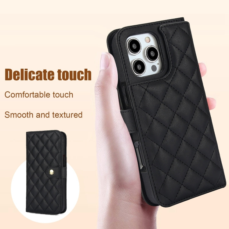 For iPhone 16 Pro Max Crossbody Multifunction Rhombic Leather Phone Case(Black)
