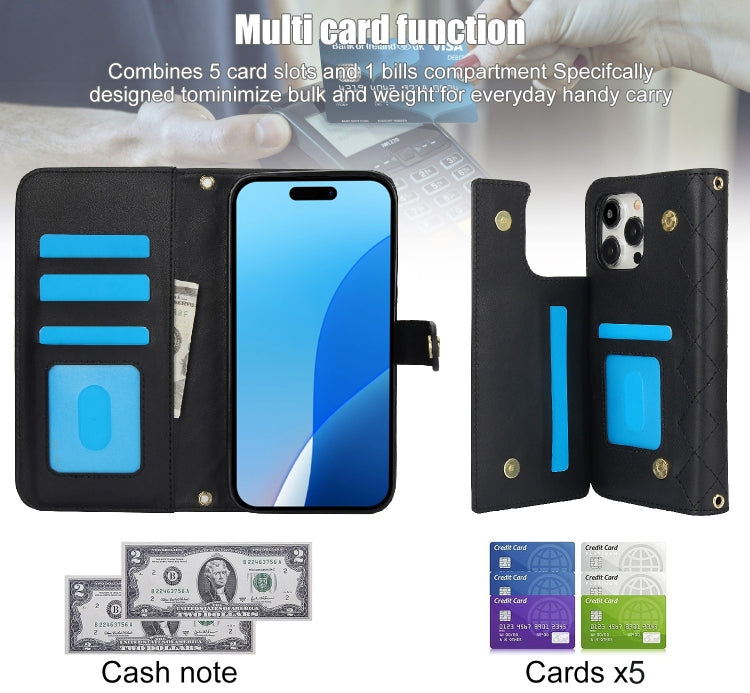 For iPhone 16 Pro Max Crossbody Multifunction Rhombic Leather Phone Case(Black)