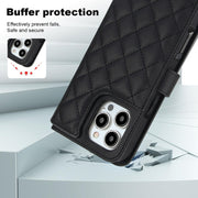 For iPhone 16 Pro Max Crossbody Multifunction Rhombic Leather Phone Case(Black)